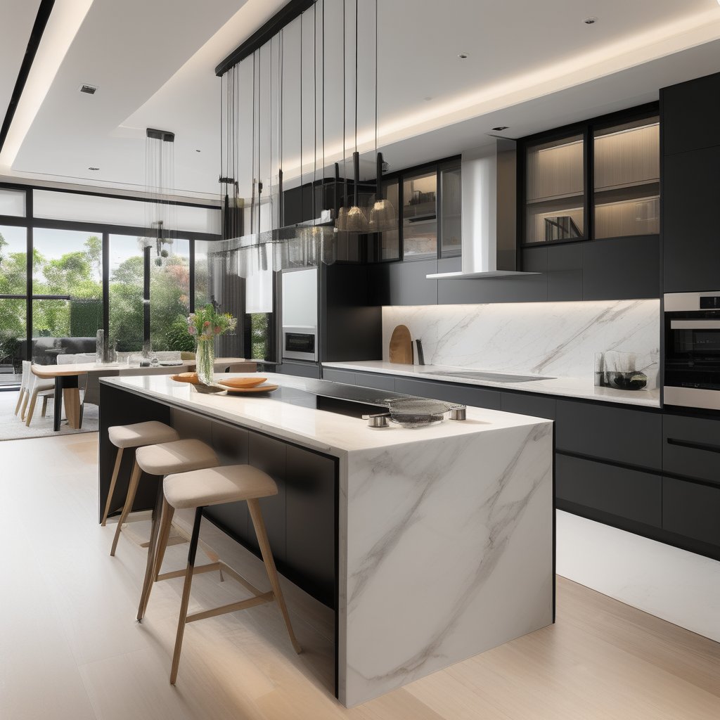 A sleek modern kitchen interior, large island with white marble countertop, glossy black cabinets, stainless steel appliances, under-cabinet lighting, wooden bar stools, minimalistic design, open layout with large windows, soft natural light, stylish and clean, hd quality, contemporary decor, high-end finish, spacious and airy