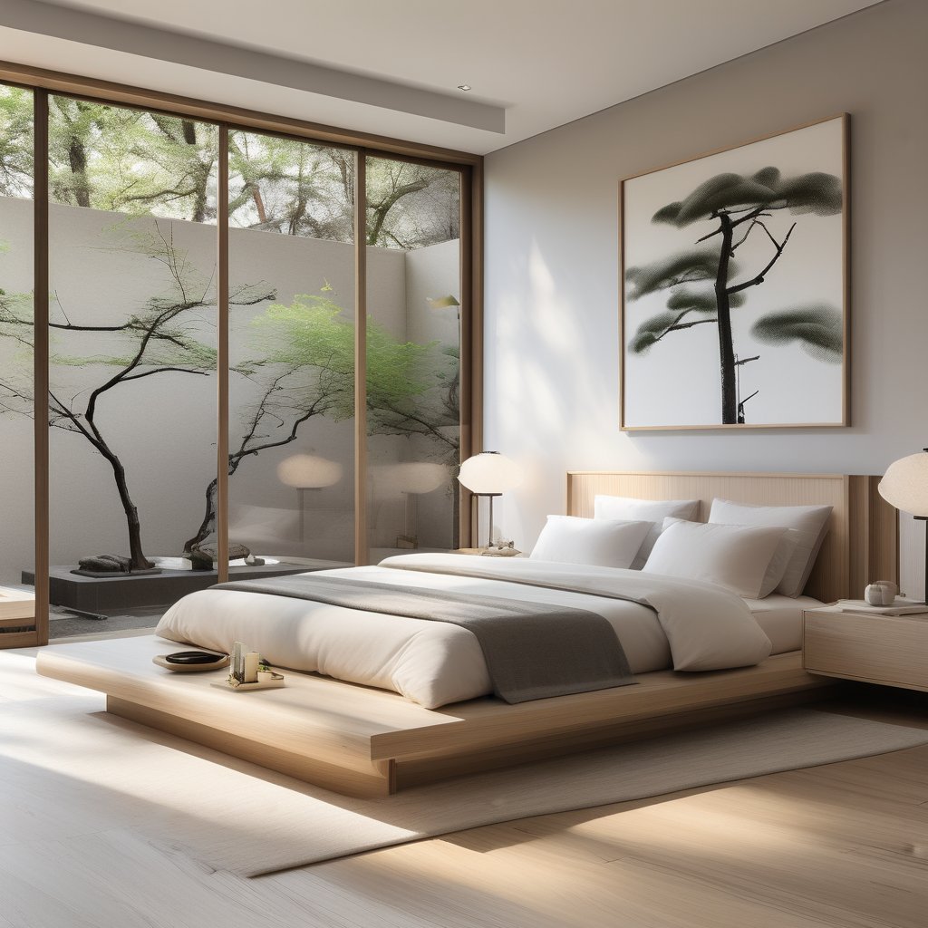 A serene and minimalist bedroom, low-profile platform bed with white linens, soft gray walls, wooden nightstands, abstract wall art, large windows overlooking a peaceful garden, natural sunlight filling the space, calm and restful atmosphere, hd quality, Japanese-inspired design, simple elegance, tranquil and zen-like