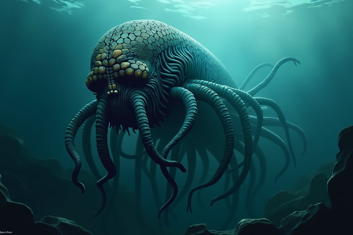 Mutant sea creature in the depths of the ocean,,beksinskiart