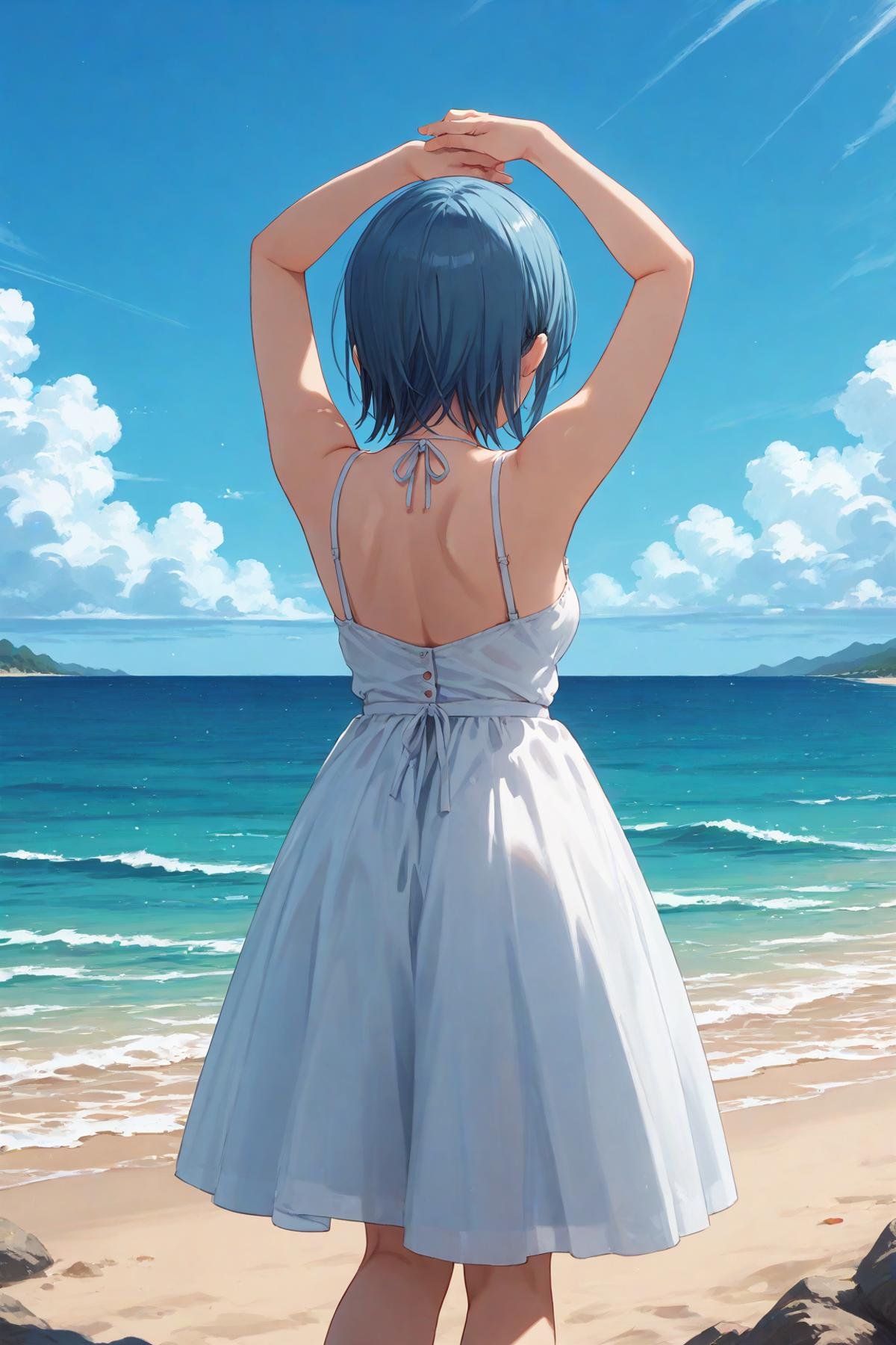 score_9,score_8_up,score_7_up,score_6_up, masterpiece, best quality, 1girl, solo,<lora:Shiki2_Pony:1> wakana shiki, blue hair, BREAK, facing away, from behind, standing, arms up, sundress, beach, 