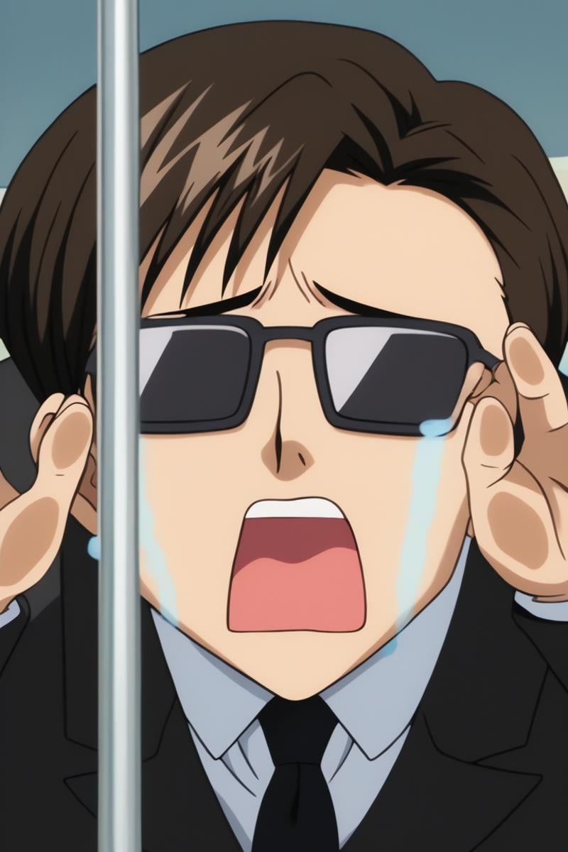 score_9, score_8_up, score_7_up, score_6_up, masterpiece, best quality, amazing quality, best aesthetic, absurdres, intricate details, hirai, black hair, sunglasses, 1boy, male focus, brown hair, tears, solo, necktie, formal, parody, suit, open mouth, crying, meme, against glass<lora:EMS-458924-EMS:1.000000>