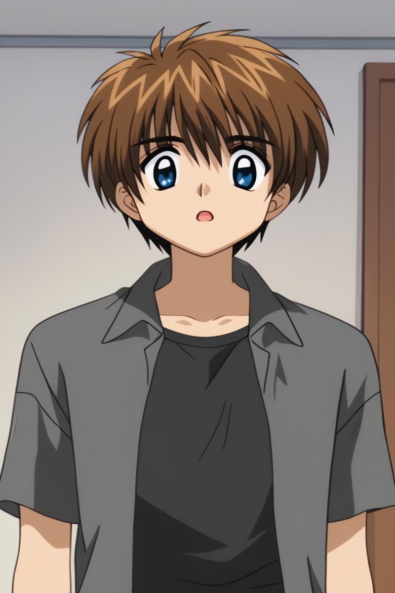 score_9, score_8_up, score_7_up, score_6_up, masterpiece, best quality, amazing quality, best aesthetic, absurdres, intricate details, setsu yuuki, brown hair, blue eyes, 1boy, male focus, solo, shirt, open mouth, open clothes, black shirt, indoors, short sleeves, upper body, open shirt<lora:EMS-458924-EMS:1.000000>