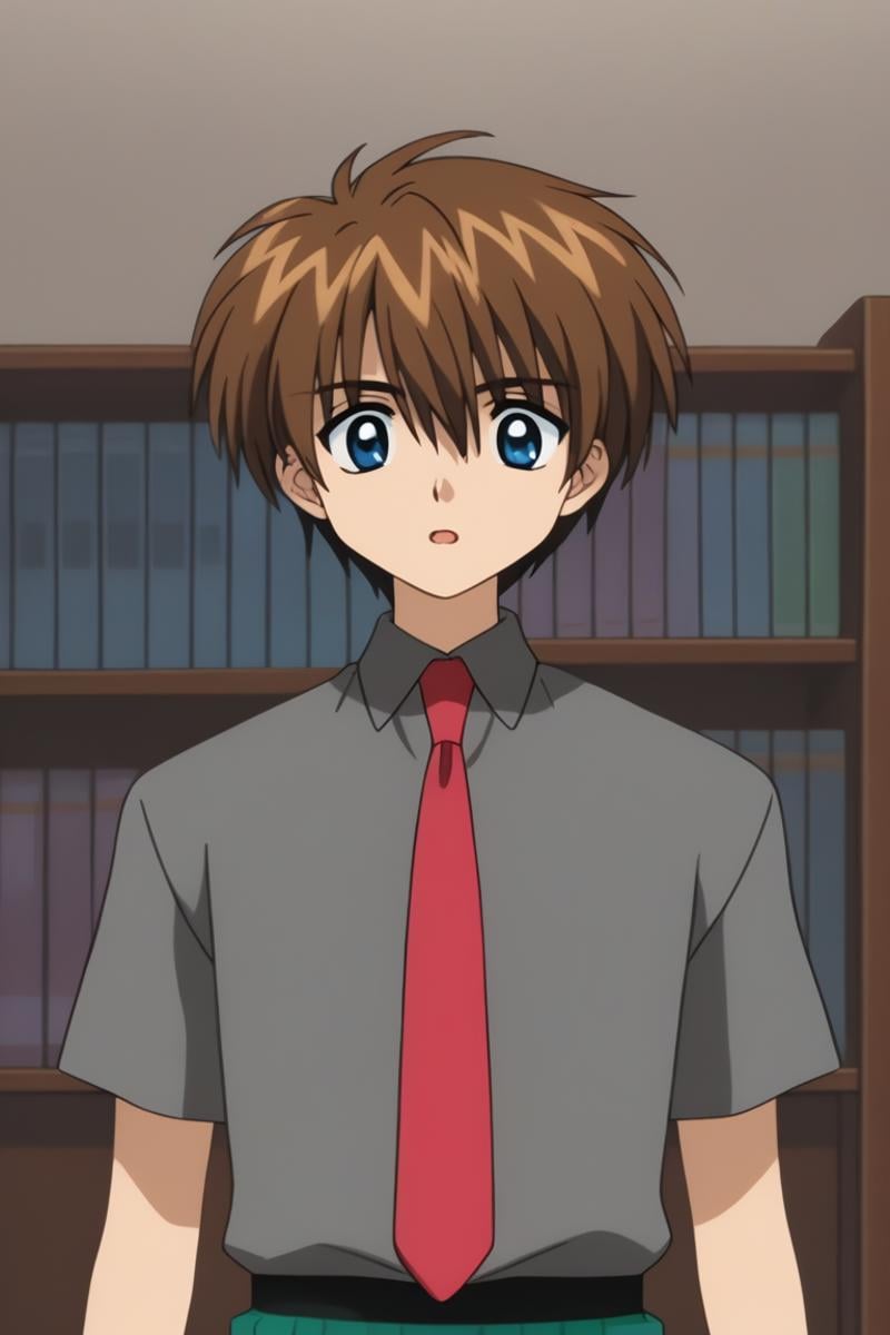 score_9, score_8_up, score_7_up, score_6_up, masterpiece, best quality, amazing quality, best aesthetic, absurdres, intricate details, setsu yuuki, brown hair, blue eyes, 1boy, male focus, solo, necktie, shirt, looking at viewer, bookshelf, collared shirt, open mouth, indoors, school uniform, upper body, library, hair between eyes, anime coloring<lora:EMS-458924-EMS:1.000000>