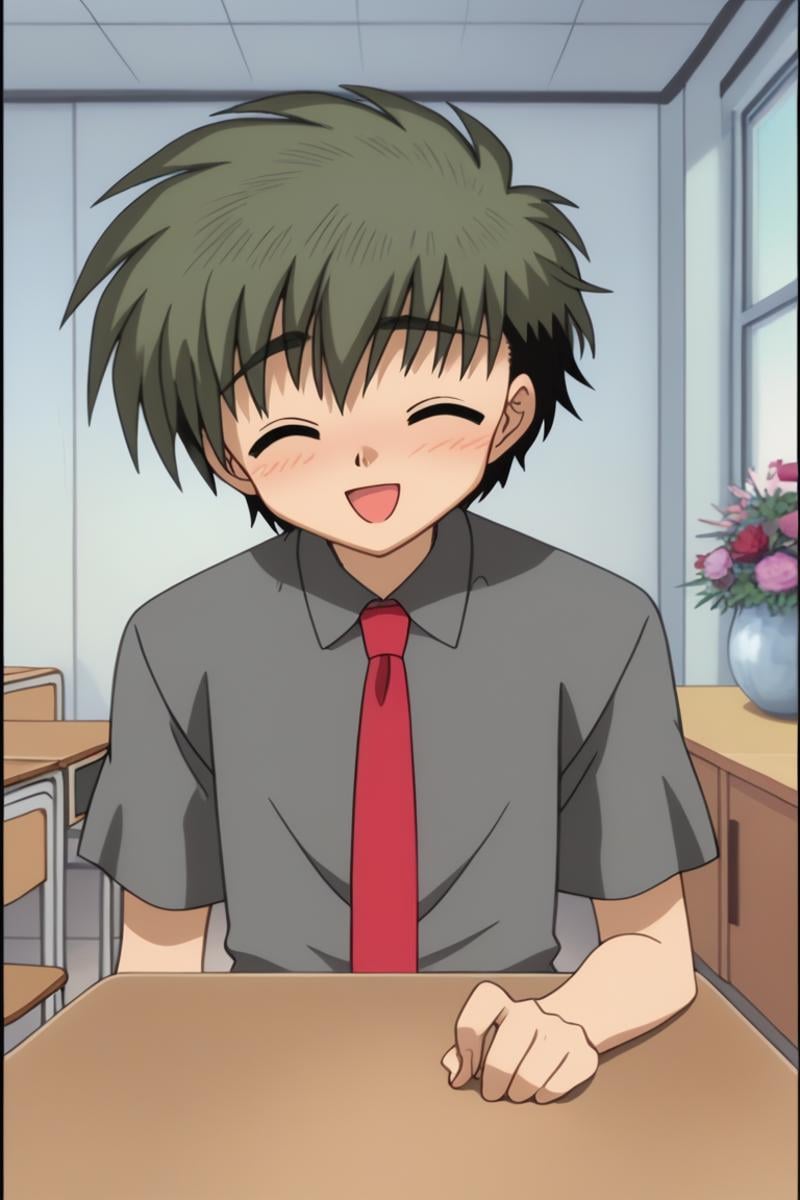 score_9, score_8_up, score_7_up, score_6_up, masterpiece, best quality, amazing quality, best aesthetic, absurdres, intricate details, koichi sumita, green hair, green eyes, 1boy, male focus, solo, closed eyes, smile, flower, necktie, blush, desk, school uniform, open mouth, classroom, black hair, indoors, vase, shirt<lora:EMS-458924-EMS:1.000000>