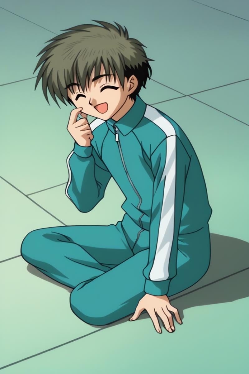 score_9, score_8_up, score_7_up, score_6_up, masterpiece, best quality, amazing quality, best aesthetic, absurdres, intricate details, koichi sumita, green hair, green eyes, 1boy, male focus, closed eyes, solo, smile, open mouth, track suit, sitting, jacket, black hair, track jacket, on ground<lora:EMS-458924-EMS:1.000000>