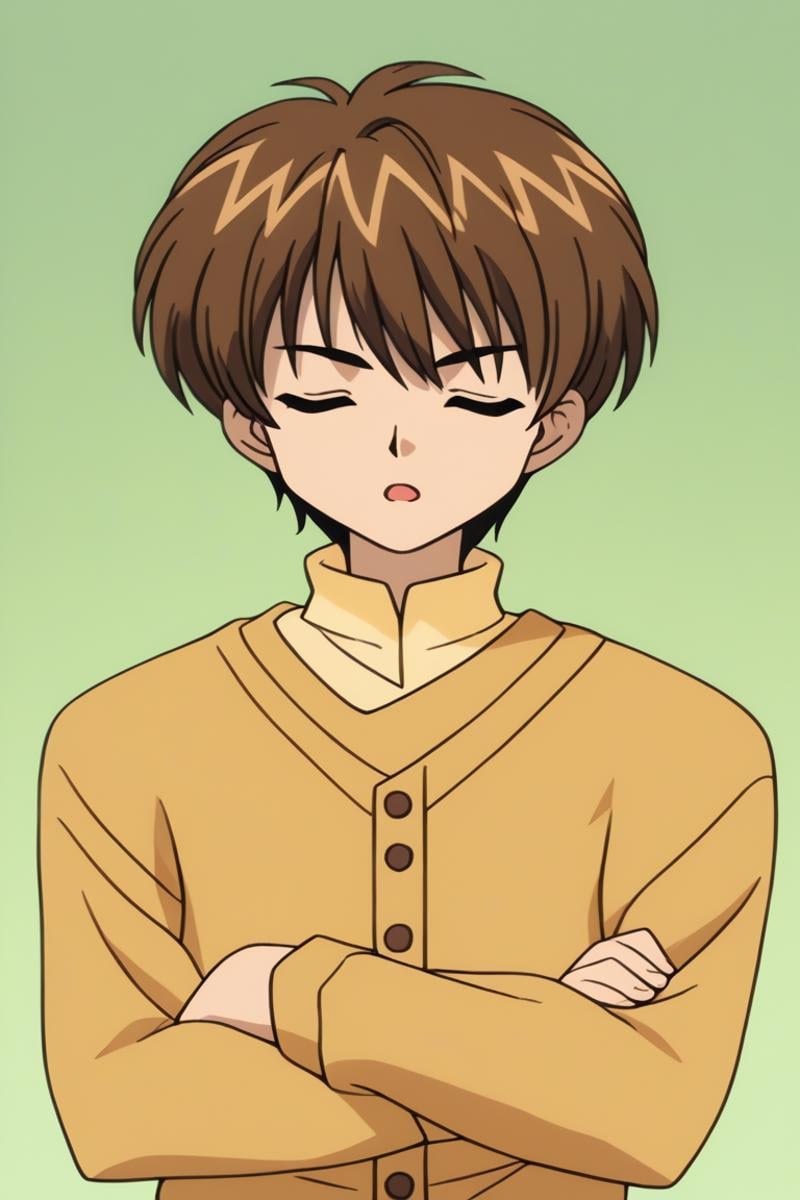 score_9, score_8_up, score_7_up, score_6_up, masterpiece, best quality, amazing quality, best aesthetic, absurdres, intricate details, setsu yuuki, brown hair, blue eyes, 1boy, male focus, closed eyes, solo, open mouth, crossed arms, upper body, sweater, parody, shirt<lora:EMS-458924-EMS:1.000000>