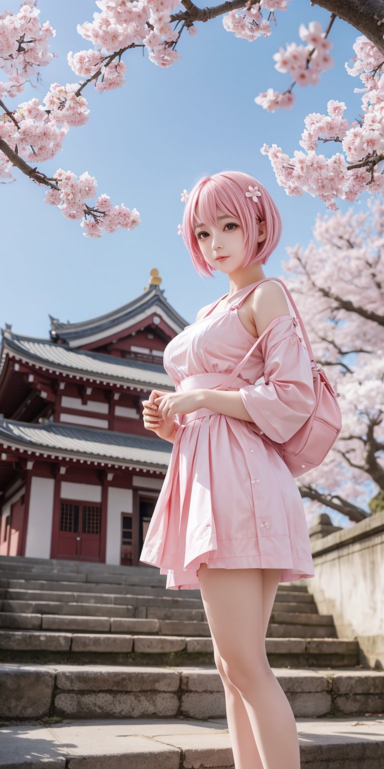 masterpiece, best quality, aesthetic,1 girl,Simple Sakura, cherry blossoms, short-hair, pink_hair, temple, tree, stairs, sky, pink eyes
,Simple Sakura , hina, 