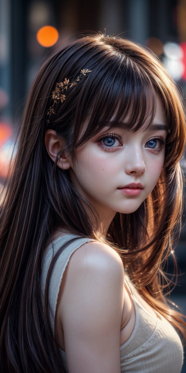  (8k, best quality, masterpiece:1.2),(best quality:1.0), (ultra highres:1.0), a beautiful loli,    by agnes cecile, from head to waist, extremely luminous bright design,autumn lights, long hair,  big eyes, amazing eyes, details eyes,
