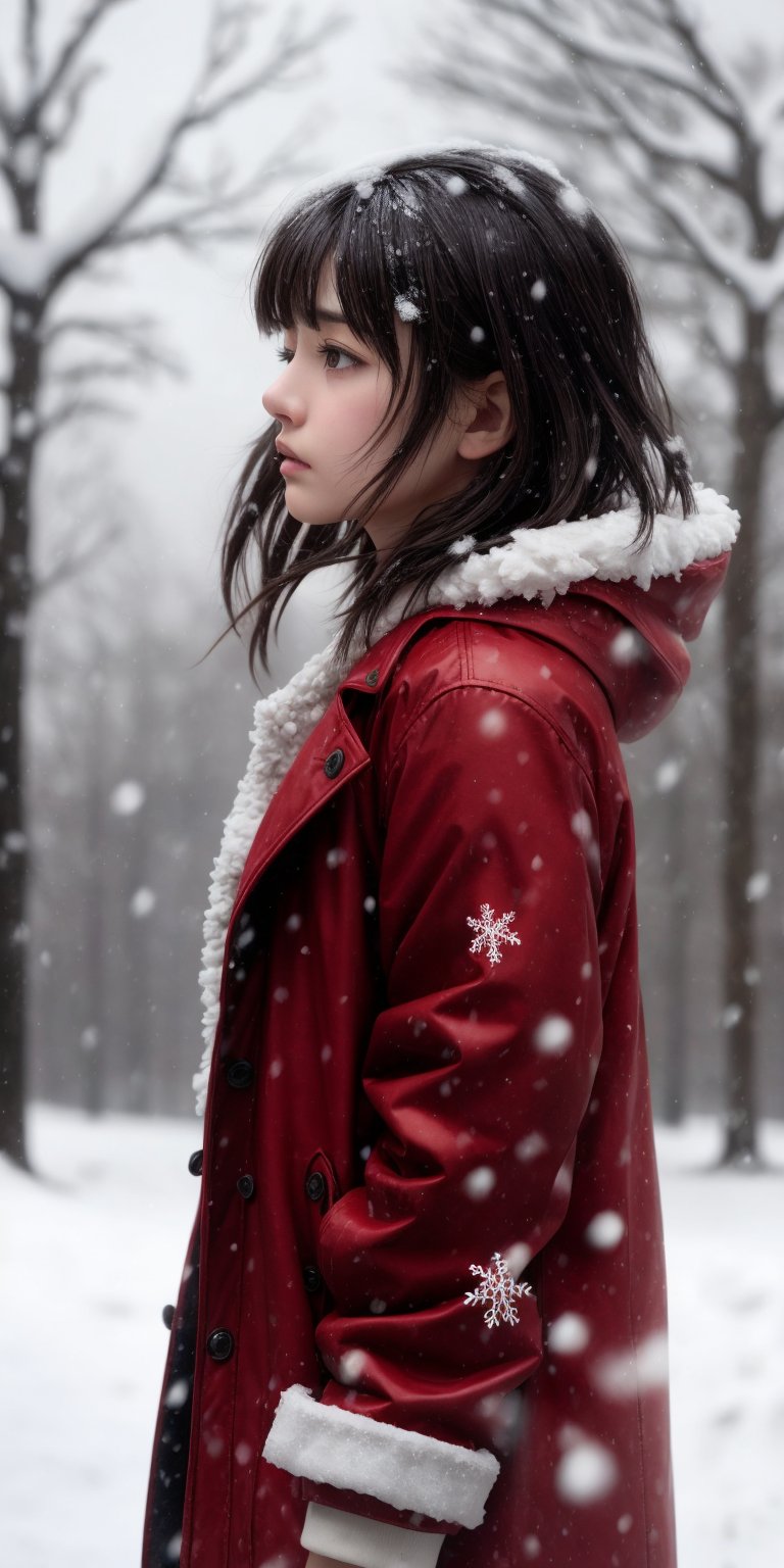 A short-haired girl standing in the snow, Red Coat, head up, breeze blowing hair, snow, snowflakes, depth of field, telephoto lens, messy hair, (close-up) , (sad) , sad and melancholy atmosphere, reference movie love letter, profile, head up, ((floating)) bangs or fringes of hair, eyes focused, half-closed, center frame, bottom to top, ,