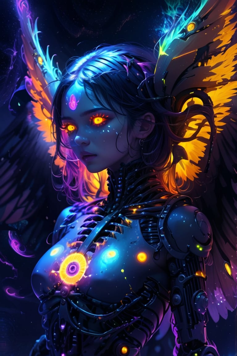 1girl, cosmic environment, rotten fallen archangel, (yellow eyes), biomechanical android, mechanical body, eerie, creepy, nightmarish, very bright colors, light particles, bioluminescence, wallpaper art, UHD wallpaper, cosmicAngel
