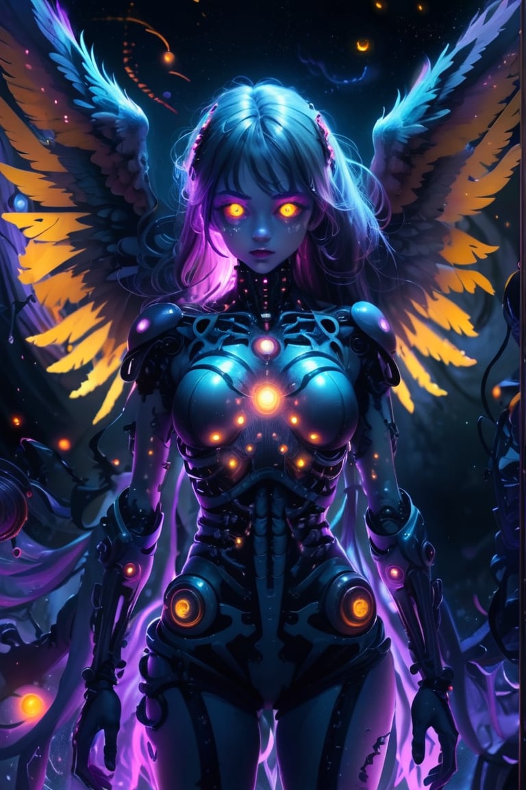 1girl, cosmic environment, rotten fallen archangel, (yellow eyes), biomechanical android, mechanical body, eerie, creepy, nightmarish, very bright colors, light particles, bioluminescence, wallpaper art, UHD wallpaper, cosmicAngel
