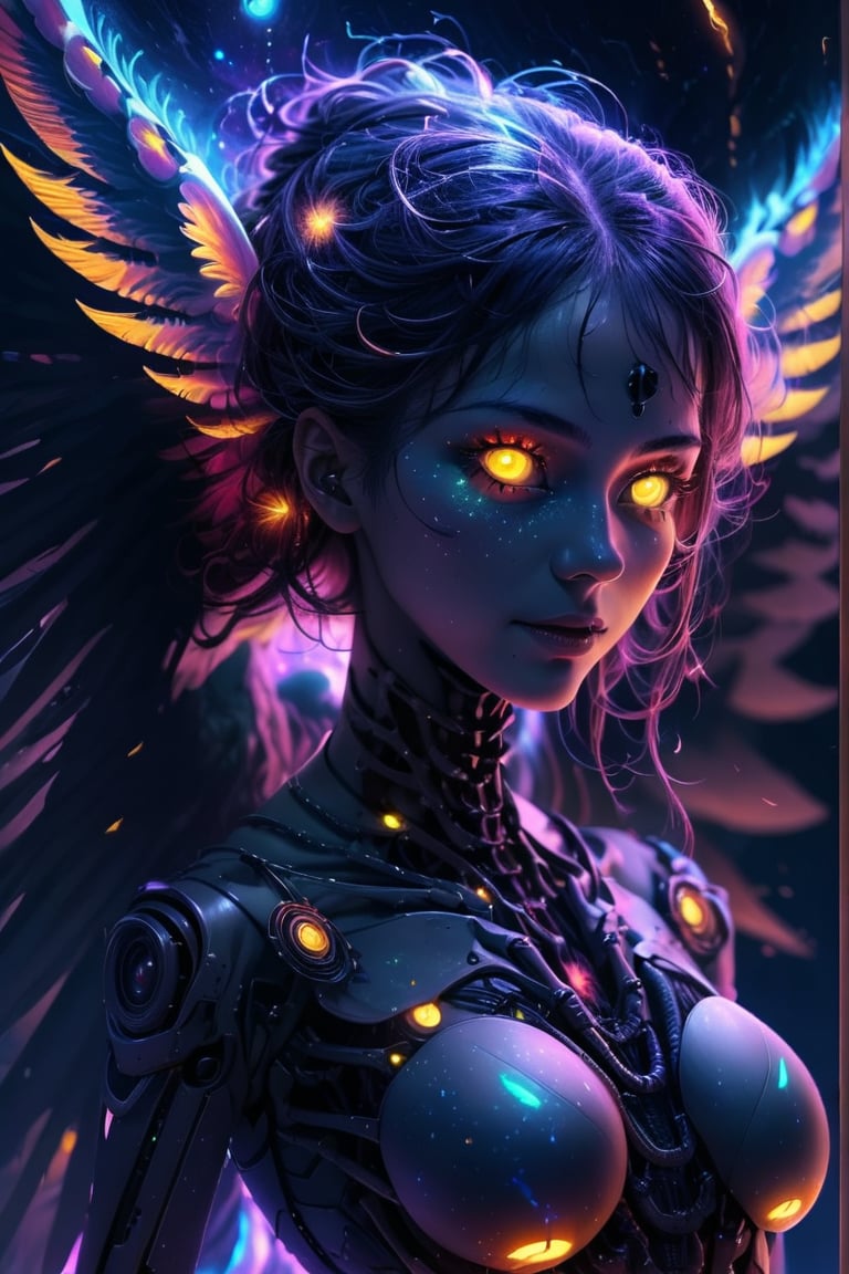 1girl, cosmic environment, rotten fallen archangel, (yellow eyes), biomechanical android, mechanical body, eerie, creepy, nightmarish, very bright colors, light particles, bioluminescence, wallpaper art, UHD wallpaper, cosmicAngel
