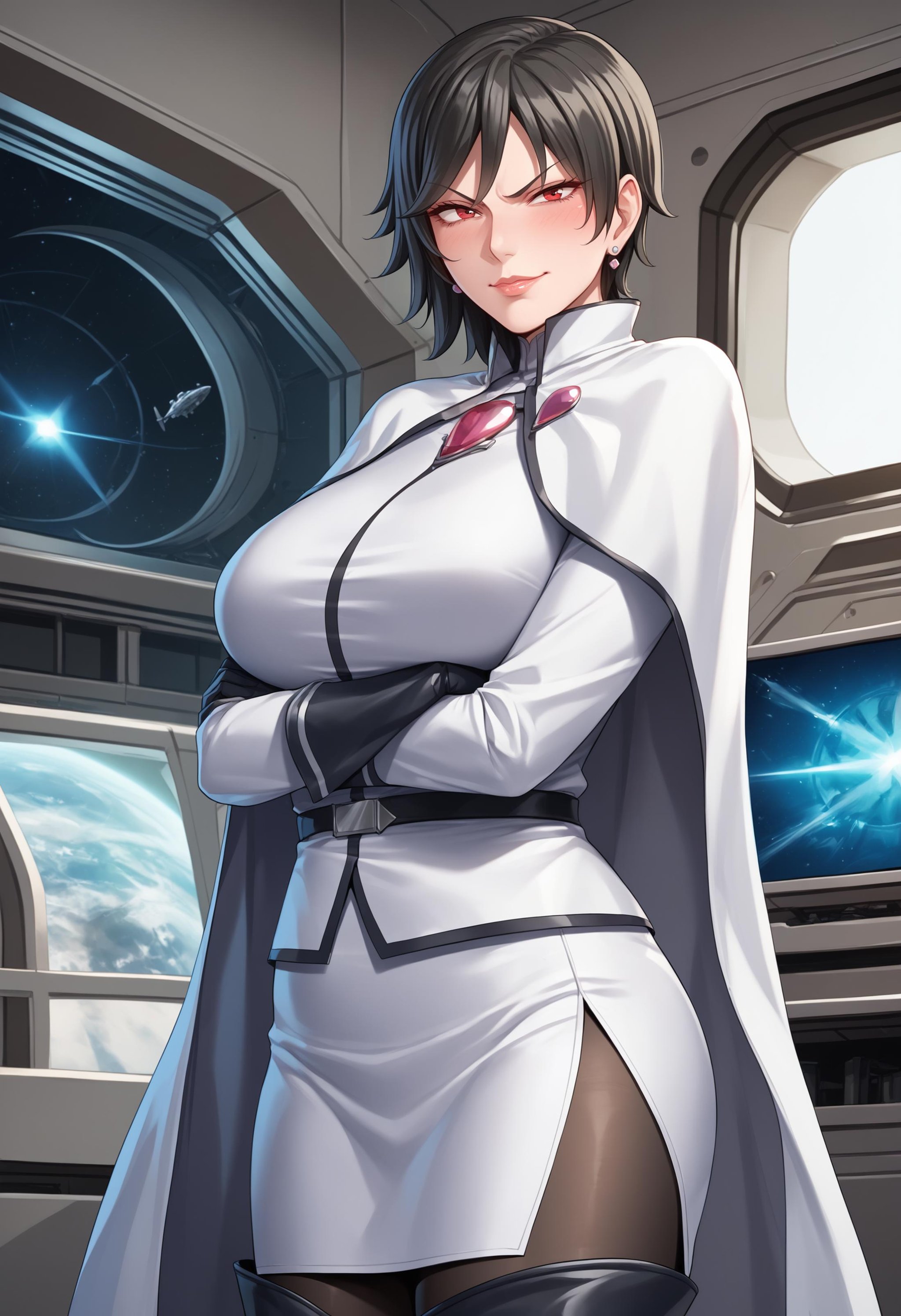 score_9, score_8_up, score_7_up, score_6_up, uncensored,  BREAK,Julia Bloodstone, standing, cowboy shot, crossed arms,1girl, mature female, solo,looking at viewer, determined, blush, smirk,black hair, short hair, red eyes, earrings, lips,white cape, white uniform, miniskirt, black pantyhose, thigh boots, black gloves,curvy, large breasts, thighs,indoors, spacecraft,<lora:JuliaBloodstone3216PDXL:1>