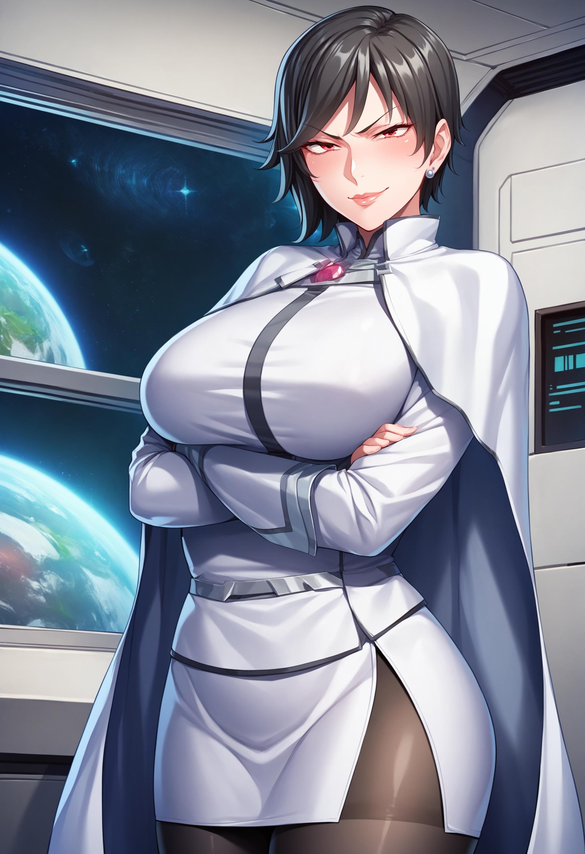 score_9, score_8_up, score_7_up, score_6_up, uncensored,  BREAK,Julia Bloodstone, standing, cowboy shot, crossed arms,1girl, mature female, solo,looking at viewer, determined, blush, smirk,black hair, short hair, red eyes, earrings, lips,white cape, white uniform, miniskirt, black pantyhose, thigh boots,curvy, large breasts, thighs,indoors, spacecraft,<lora:JuliaBloodstone3216PDXL:1>