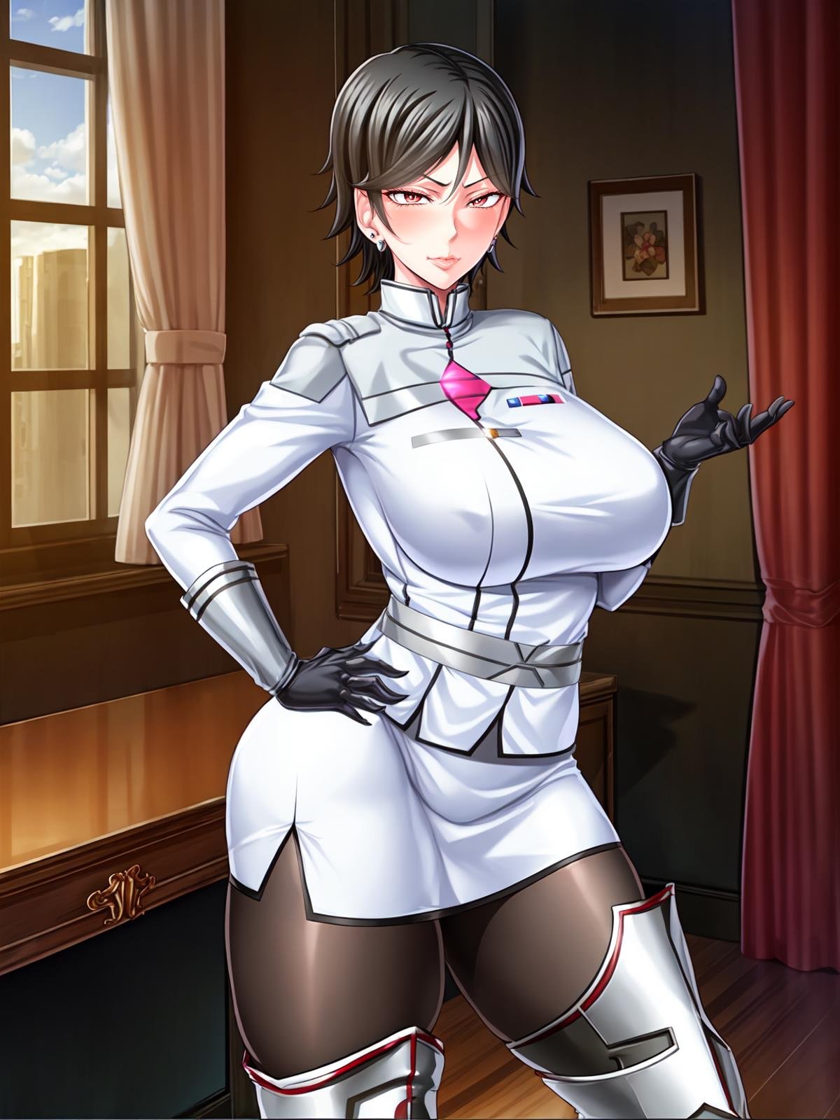 masterpiece,Julia Bloodstone, standing, cowboy shot, crossed arms, hand on hip, finger to mouth, 1girl, mature female, solo,looking at viewer, determined, blush, smirk,black hair, short hair, red eyes, earrings, lips,white uniform, miniskirt, black pantyhose, thigh boots,curvy, large breasts, thighs,indoors, spacecraft, spacecraft interior,  window, earth \(planet\),  <lora:Julia Bloodstone15:1>