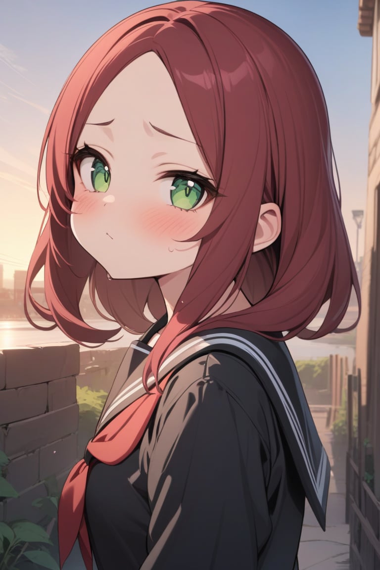 masterpiece, best quality, 1girl, pouty face, forehead, outdoors, dark red hair, green eyes, black serafuku, looking at viewer