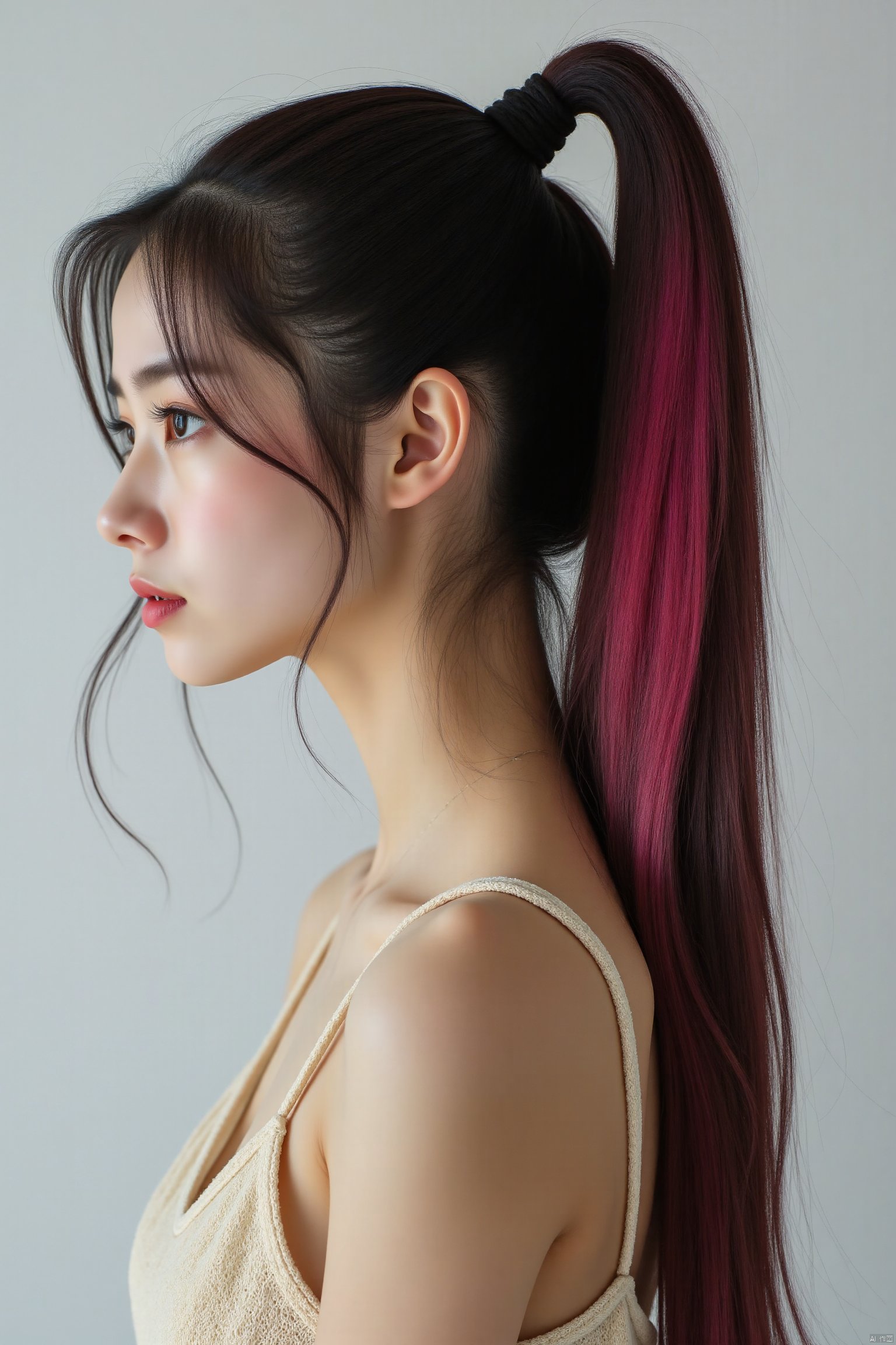 portrait of 1girl, with long pony tail with pink highlight, studio light