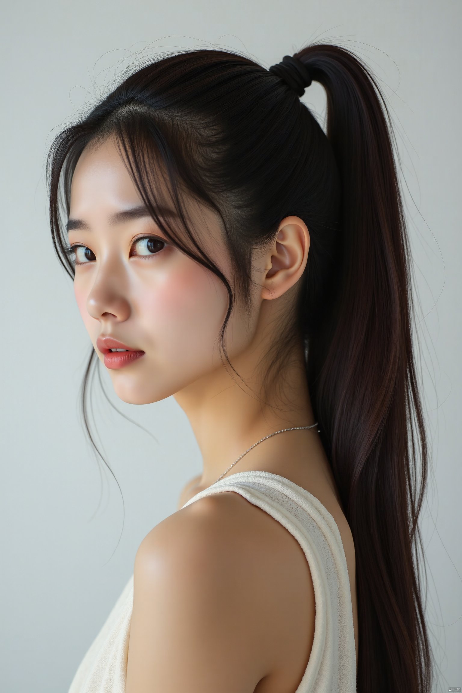 portrait of 1girl, with long pony tail with pink highlight, studio light,looking_at_viewer