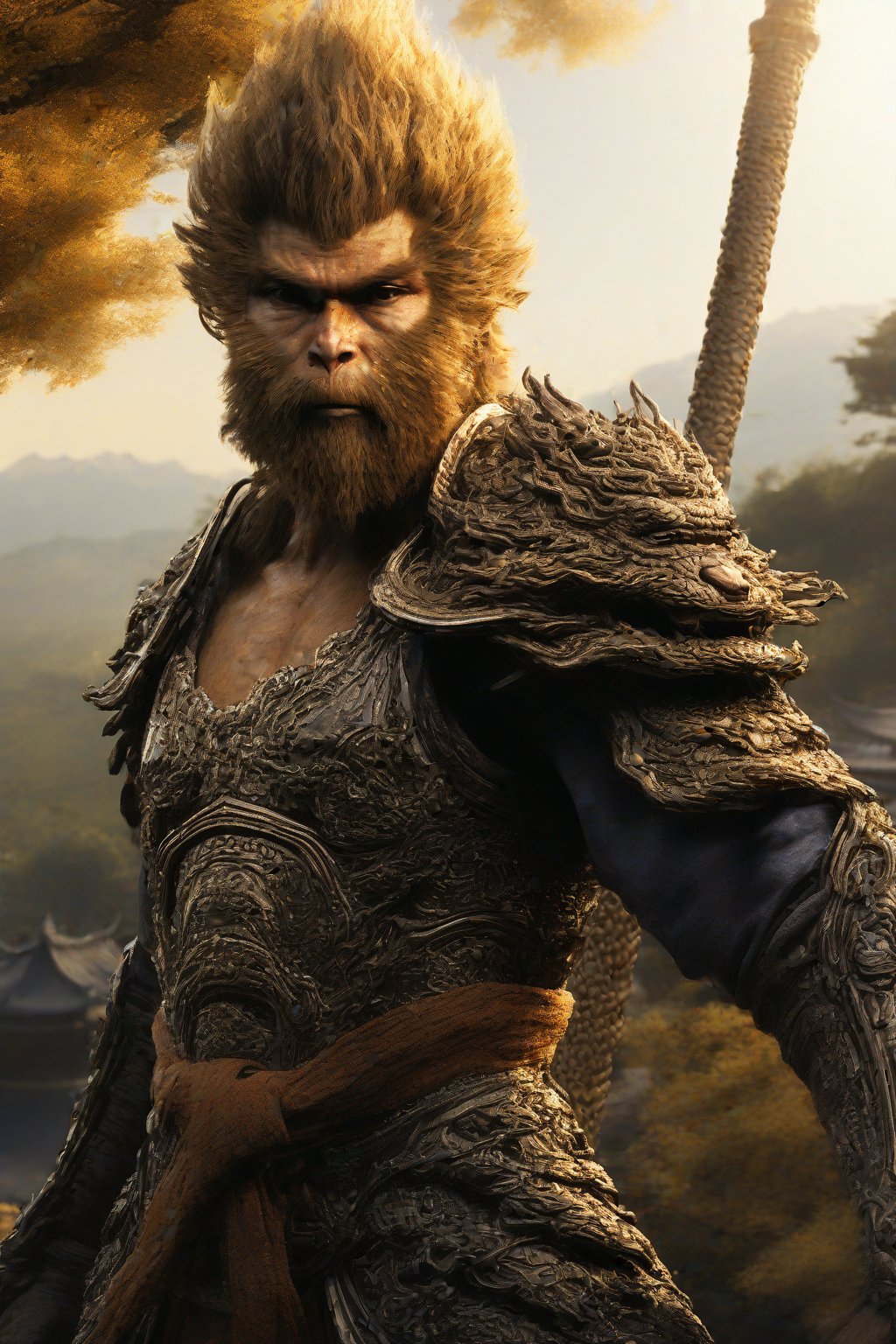 Wukong, a majestic figure clad in gleaming armor, his long beard flowing like a golden river down his chest. He stands proudly, one hand grasping the reins of a majestic dragon, its scales glinting in the warm sunlight. In the background, ancient trees tower, their leaves rustling softly as Wukong surveys his kingdom with wise, knowing eyes.