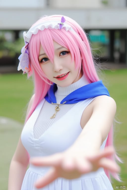 1girl, 

Cosplay, Real person, photography, bare shoulders, blue hood, sleeveless, pink hair, long hair, outdoors, hair ornament, headband, white dress, sidelocks, turtleneck dress, looking at viewer, v-shaped eyebrows, swept bangs, groping motion, one side up, closed eyes, smile, white eyes, chibi, cloud, dress, solo, upper body, open mouth,

masterpiece, newest, absurdres, safe