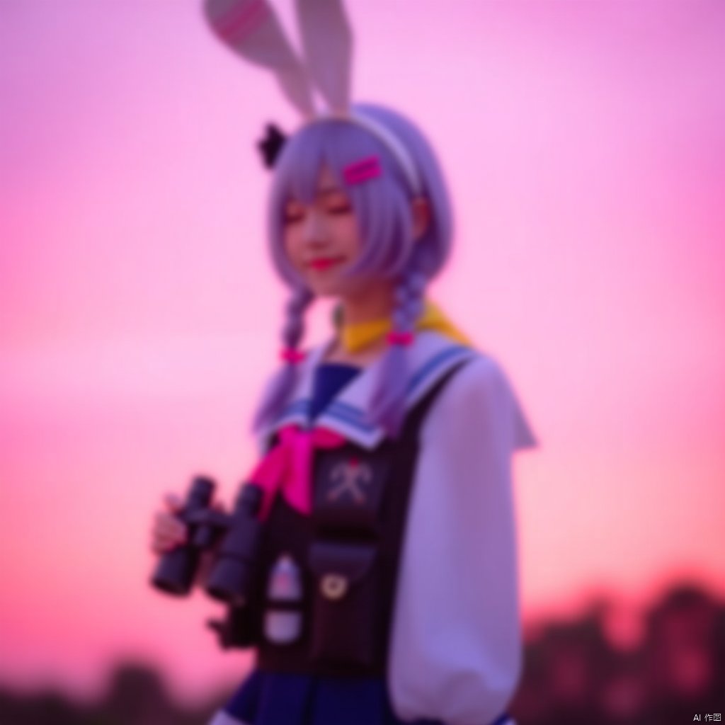 1girl, 

Cosplay, Real person, photography, puffy sleeves, skirt, animal ears, ribbon, pink sky, white hair, ahoge, hairclip, white sailor collar, sky, pouch, pink ribbon, miniskirt, outdoors, twilight, tactical clothes, animal print, hair ornament, headband, holding, braid, long sleeves, holding binoculars, rabbit print, black ribbon, short hair, puffy long sleeves, bulletproof vest, purple hair, sailor collar, white skirt, pink neckerchief, closed eyes, low twin braids, yellow neckerchief, smile, neckerchief, solo, blue skirt, hair ribbon, rabbit ears, fake animal ears, halo,

masterpiece, newest, absurdres, safe