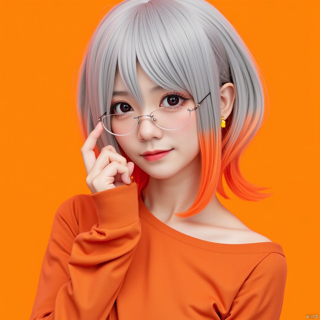 1girl, 

cosplay, real person, photo, gradient hair, grey hair, earrings, alternate costume, orange background, looking at viewer, simple background, short hair, multicolored hair, toriyama akira (style), orange beak, orange hair, freckles, portrait, glasses, smile, eyepatch, solo, adelena illusion, black eyes, orange theme, jewelry,

masterpiece, newest, absurdres, safe