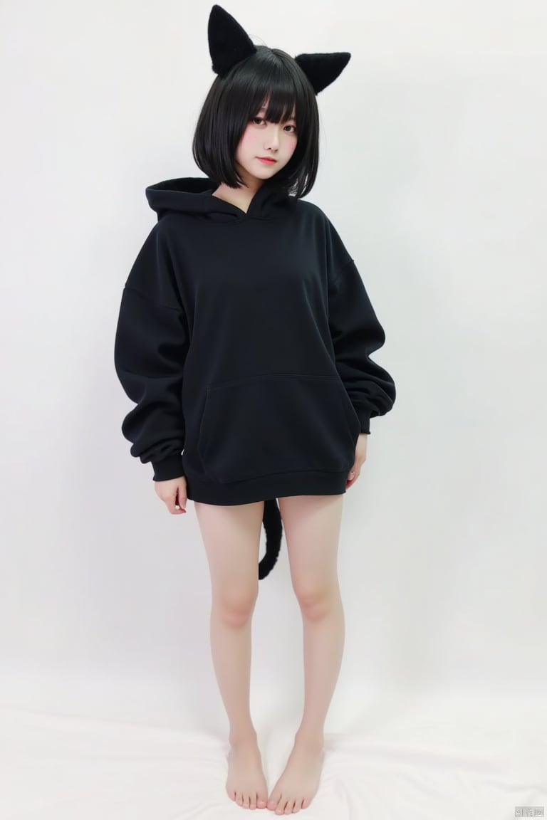 1girl, 

cosplay, real person, photo, full body, expressionless, animal ears, closed mouth, black hair, cat ears, jacket, multiple moles, hood down, bare legs, long sleeves, looking at viewer, short hair, blush, black jacket, k-pop, barefoot, solo, hood, fake animal ears, white background,

masterpiece, newest, absurdres, safe