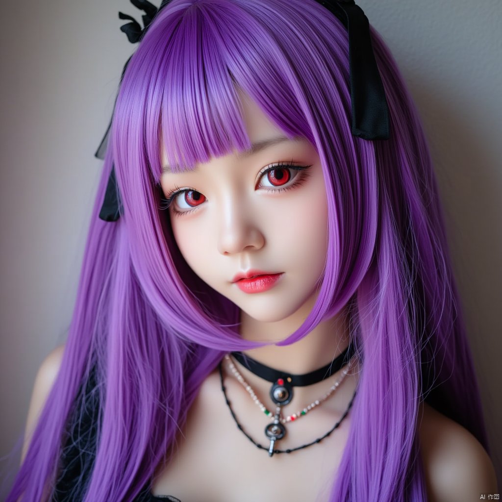 1girl, solo, gokou ruri, long hair, mole, realistic, gothic lolita, mole under eye, lolita fashion, purple hair, necklace, jewelry, red eyes