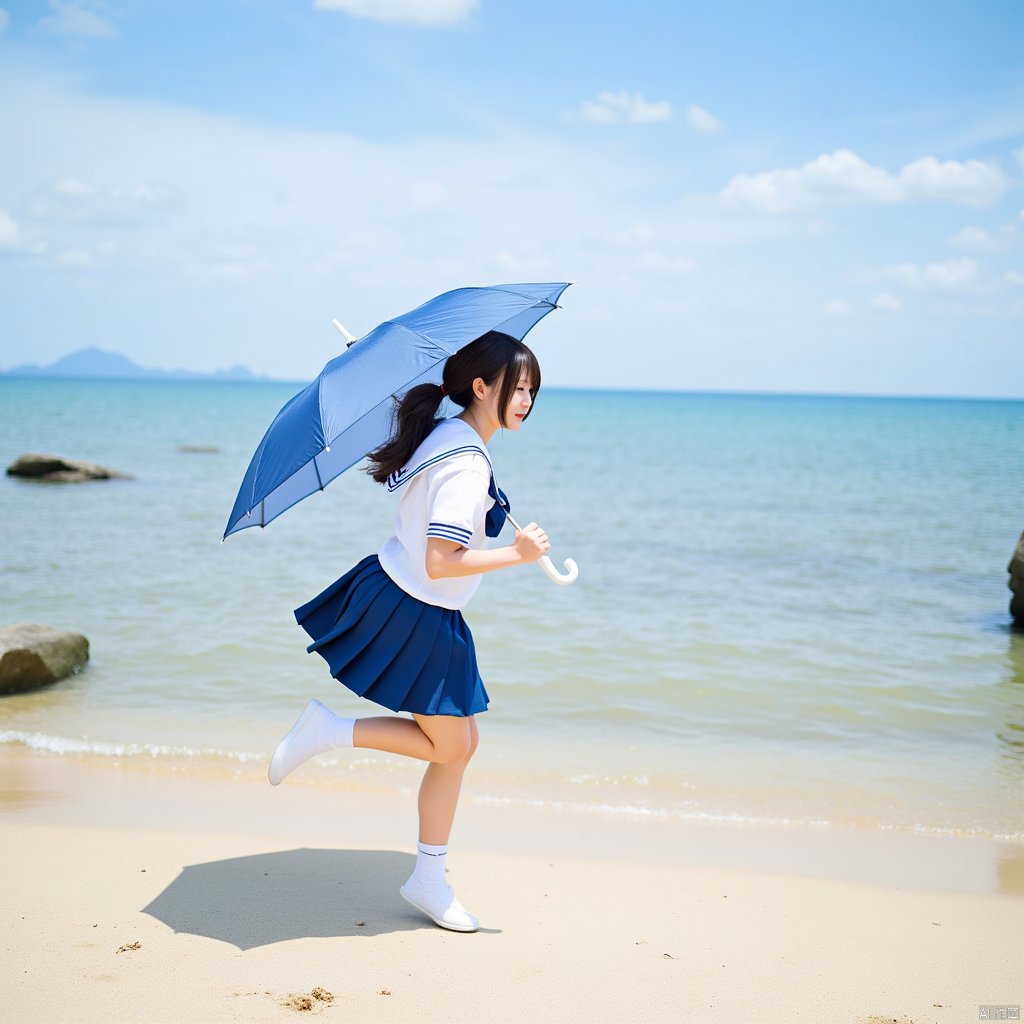 1girl, 

cosplay, real person, photo, skirt, short sleeves, ocean, white sailor collar, photo (medium), beach, shadow, outdoors, water, sand, kamihara nadeshiko (cosplay), running, school uniform, umbrella, rock, sailor collar, solo, blue skirt, day, serafuku,

masterpiece, newest, absurdres, safe