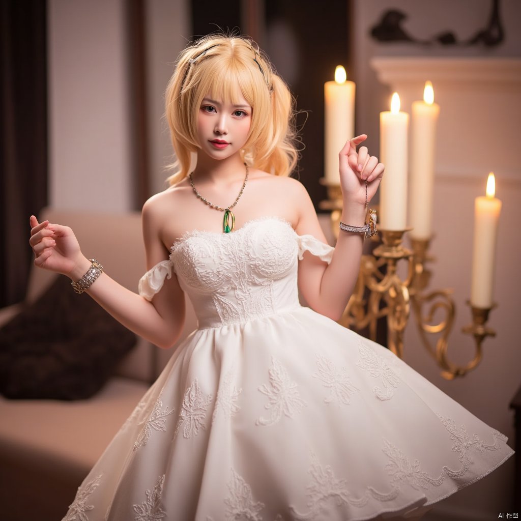 1girl, solo, jewelry, dress, necklace, blonde hair, candle, white dress, bracelet, blurry, bare shoulders, breasts