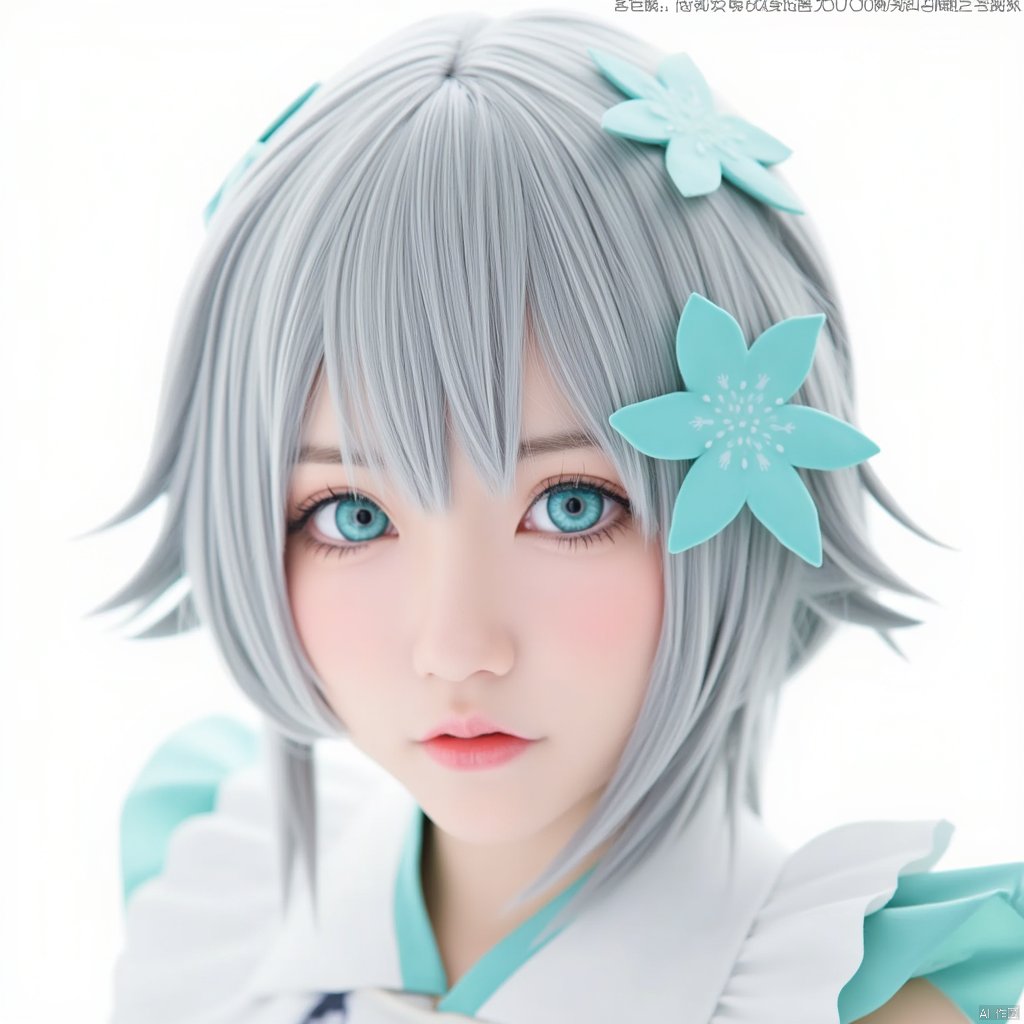 1girl, 

Cosplay, Real person, photo, twitter username, white background, mini person, aqua eyes, looking at viewer, grey hair, :i, aqua hair, simple background, blush, minigirl, blue hair, hair flower, solo, hair ornament, close-up, portrait, flower,
