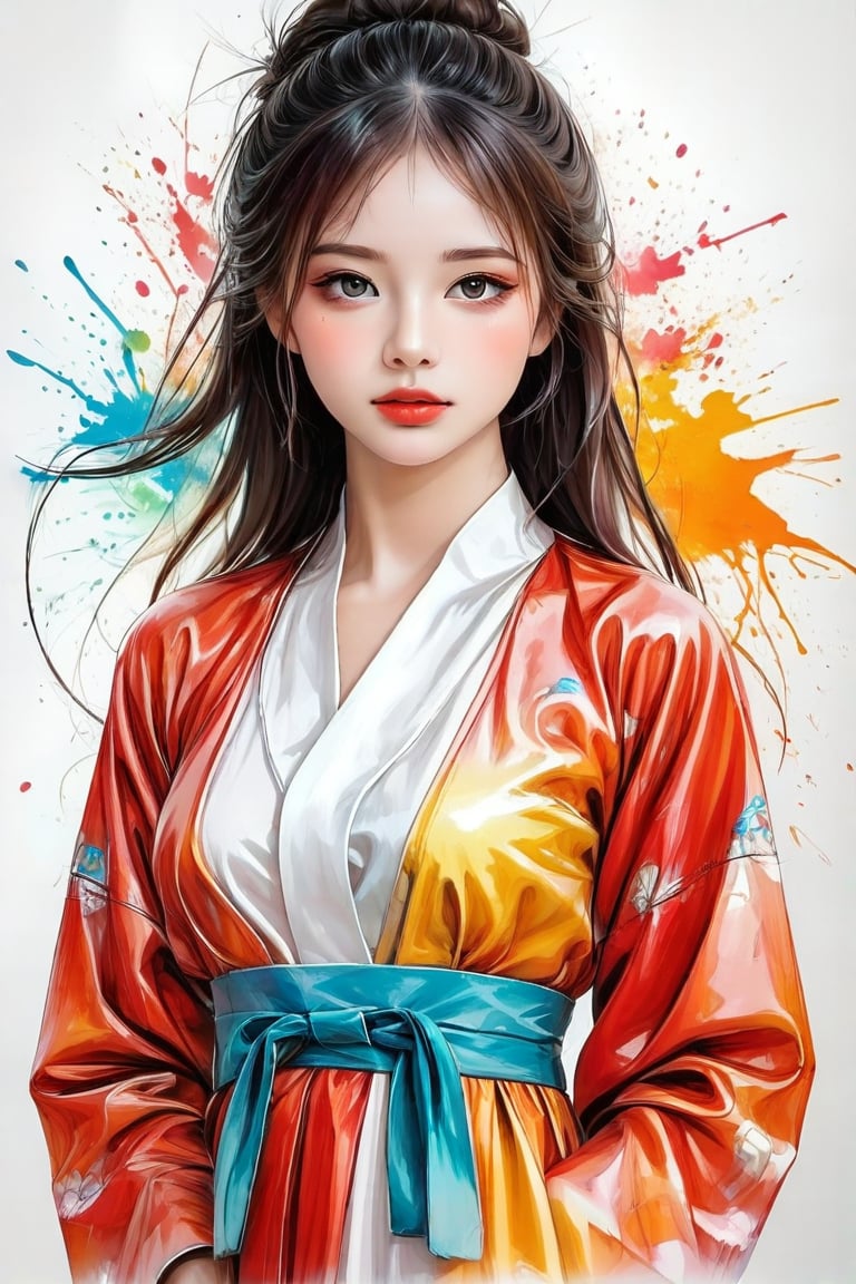 A very beautiful girl, looking at viewer, full body, wearing AO DAI, detailed face, beautiful eyes, white background, ink brushstrokes in background mastepiece quality, stunning image, looking at viewer, anime girl, colorful, Ink art style.
