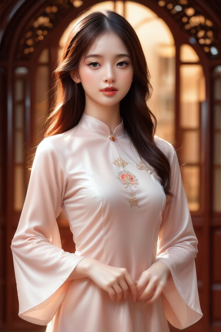 1girl,best quality,masterpiece,illustration,an extremely, Ao Dai,  long sleeve,  delicate and beautiful,CG,unity,8k wallpaper,Amazing,finely detail,masterpiece,official art,extremely detailed CG unity 8k wallpaper,incredibly absurdres,huge filesize,ultra-detailed,highres,extremely detailed,beautiful detailed girl,realistic, perfect light