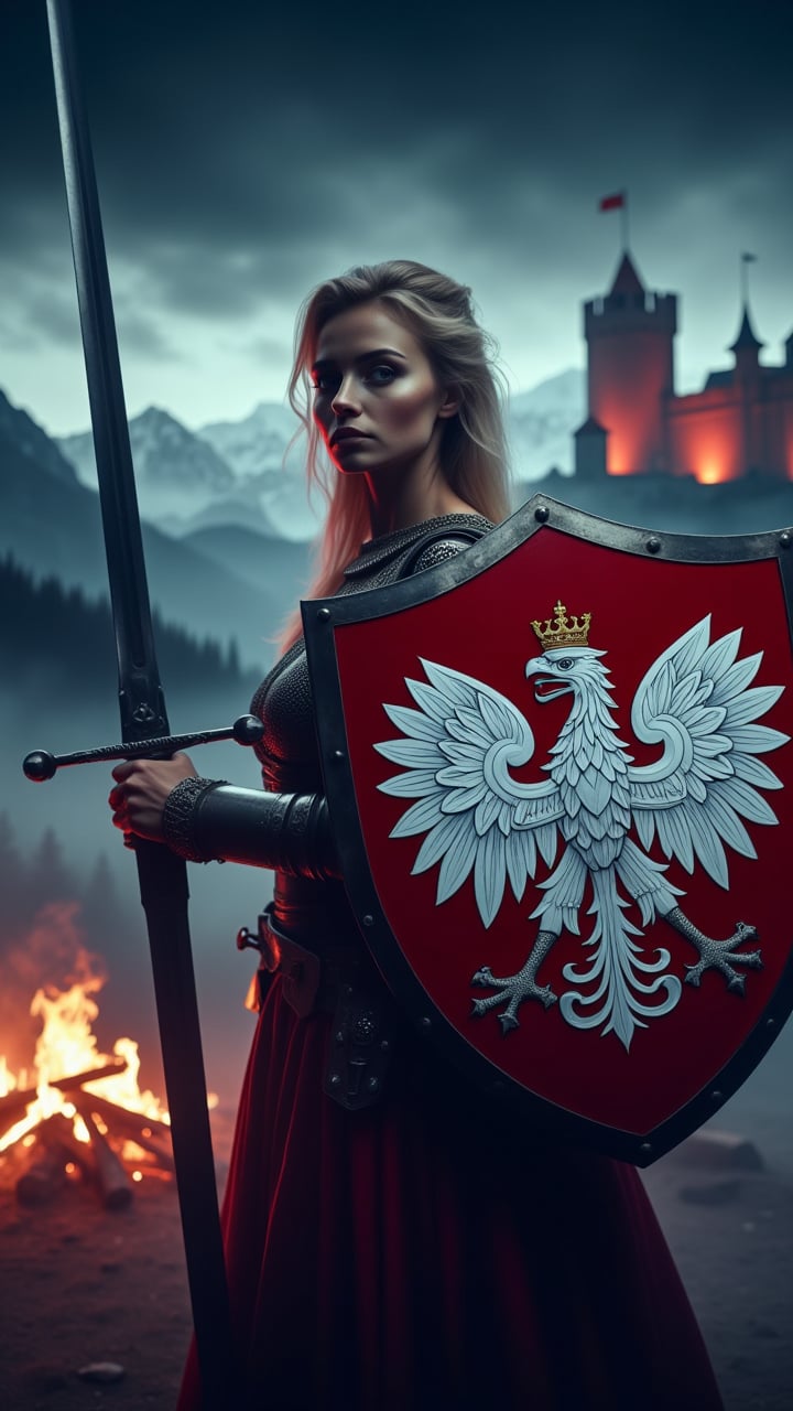 female with polish eagle on the shield, holding long sword, burning castle in the bacground,polishswordsman