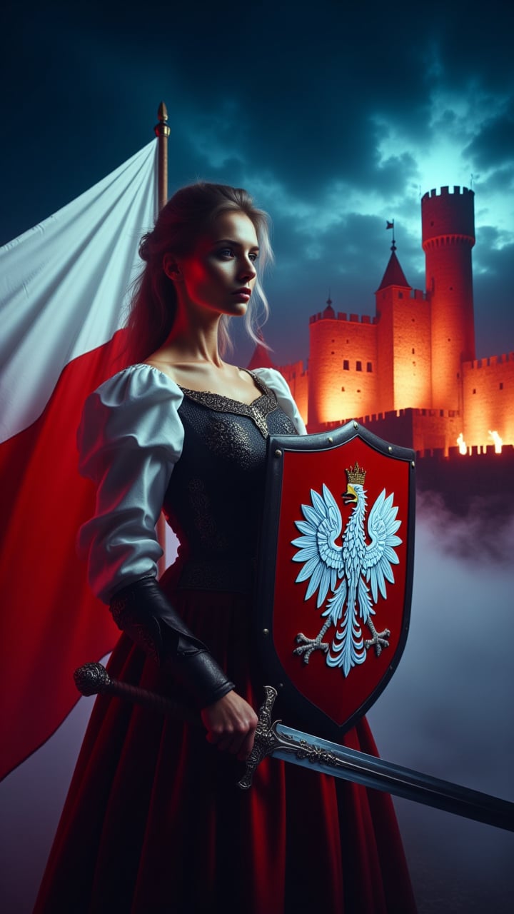 female with polish eagle on the shield, holding long sword, burning castle in the bacground,polishswordsman