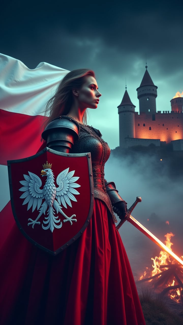 female with polish eagle on the shield, holding long sword, polish flag on the tower, burning castle in the bacground,polishswordsman