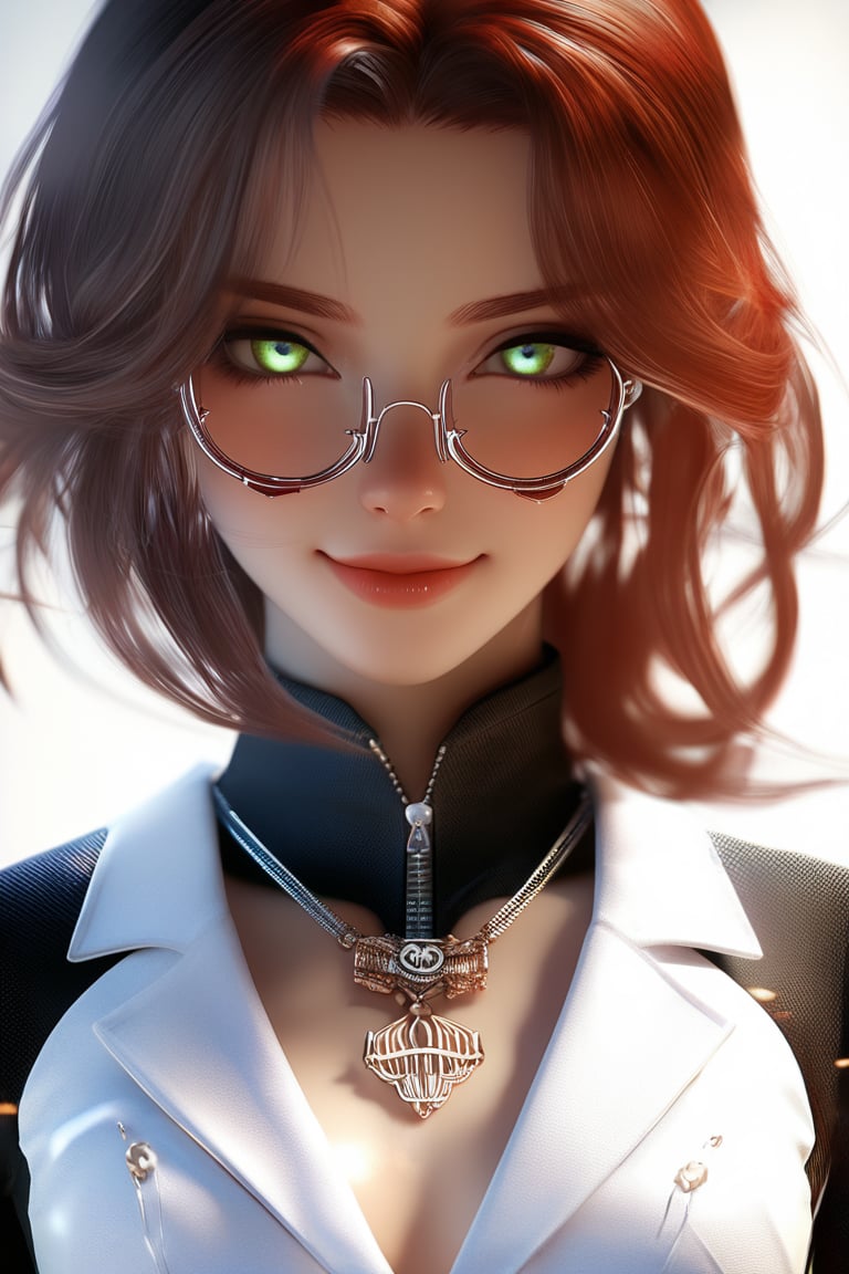 masterpiece, best quality,intricate detailsmasterpiece, best quality, 3D rendering, 3DMM style, Close-up, sportrait, 3D, 1girll, smile, wearing glasses, Solo, （Brunette long red hair 3.2）, choker necklace, freckles, jewelry, Look at the camera realistically, Upper body, （White suit 1.2）Simple background and white, edged, looking away, short hair, parted lips, green eyes, gothic, choker and necklace, wearing makeup