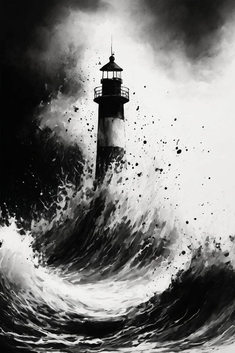 An abstract ink painting of a stormy ocean, powerful waves crashing against a lighthouse, high contrast between dark sea and bright lightning, energetic brushstrokes, bold use of negative space, modern abstract expressionism style, hd quality,ink_style