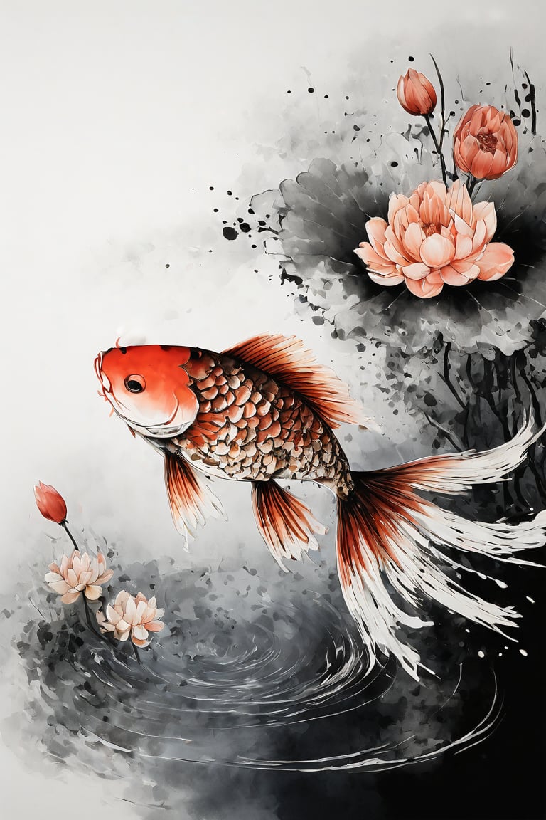 A delicate ink painting of a koi fish swimming in a tranquil pond, ripples of water, soft fluid motion, minimalistic background with lotus flowers, zen garden aesthetic, use of negative space, traditional Japanese ink techniques, hd quality,ink_style