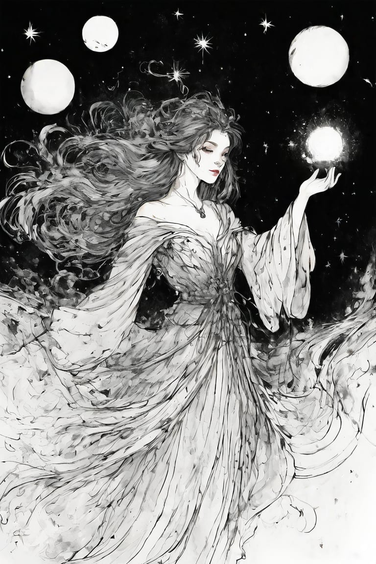 A mystical ink drawing of a sorceress casting a spell, swirling magic orbs around her, flowing robes, hair billowing, celestial background with stars and constellations, intricate linework, vivid contrast between light and dark, inspired by fantasy illustrations, hd quality,ink_style