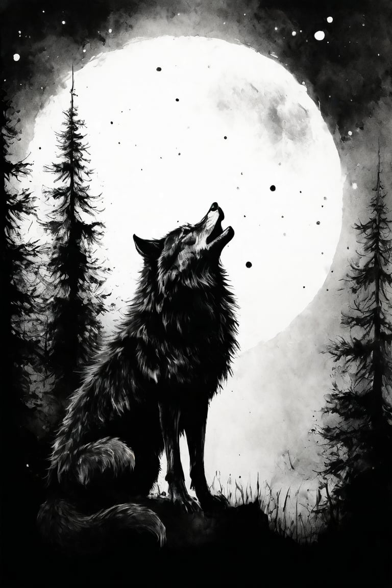 A dark ink drawing of a lone wolf howling at a crescent moon, silhouetted against a starry night sky, stark contrasts, mist enveloping the forest below, detailed fur texture, atmospheric perspective, inspired by gothic art, hd quality,ink_style