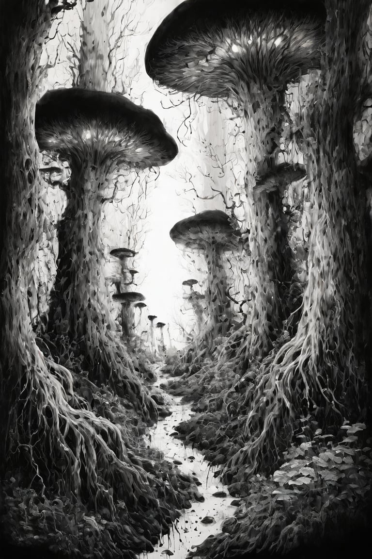 A surreal ink drawing of an enchanted forest, trees with twisting roots and glowing mushrooms, mythical creatures hiding in the shadows, deep contrasts of black ink, mystical lighting, fantasy realism, intricate details, hd quality,ink_style