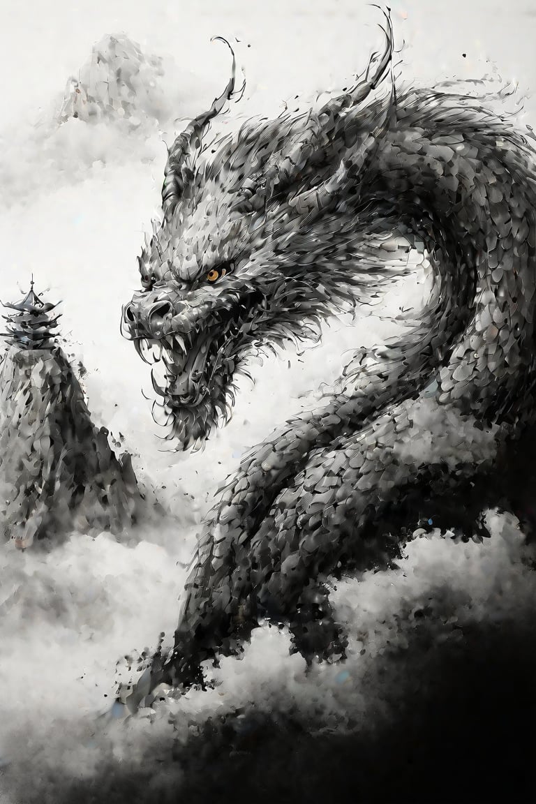 A drawing of a dragon coiled around a mountain peak, elegant lines, detailed scales, wind swirling clouds in the background, traditional Chinese ink wash painting, monochrome, soft flowing strokes, deep shadows, sharp contrasts, hd quality,ink_style