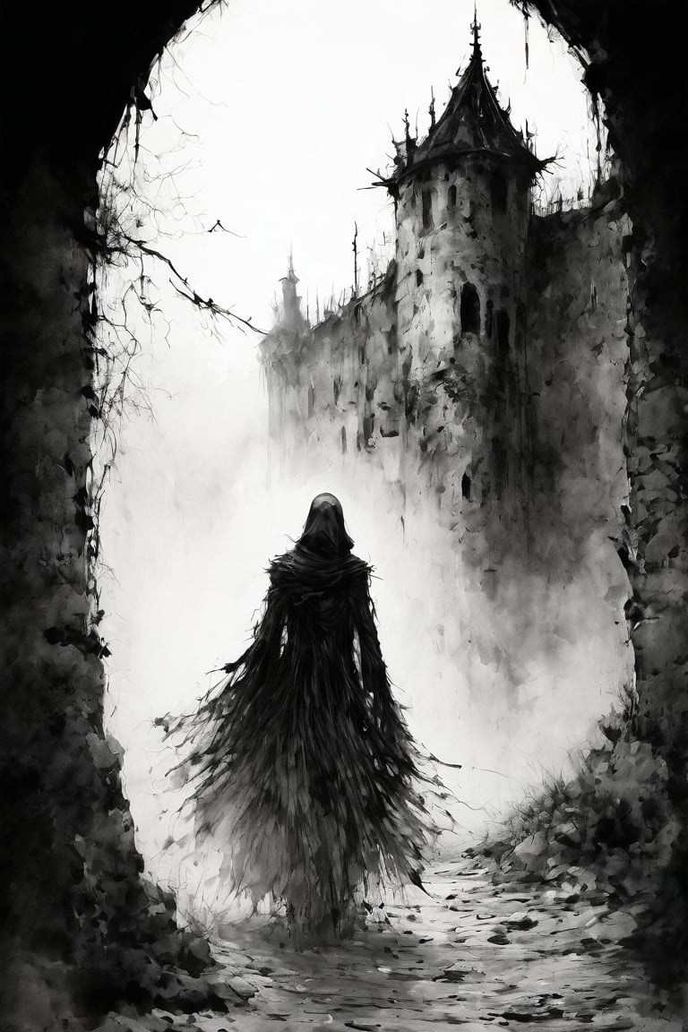 A haunting ink drawing of a ghostly figure walking through an abandoned castle, tattered robes flowing, cold mist surrounding, detailed stonework and decaying architecture, eerie lighting, gothic horror style, sharp contrasts, hd quality,ink_style