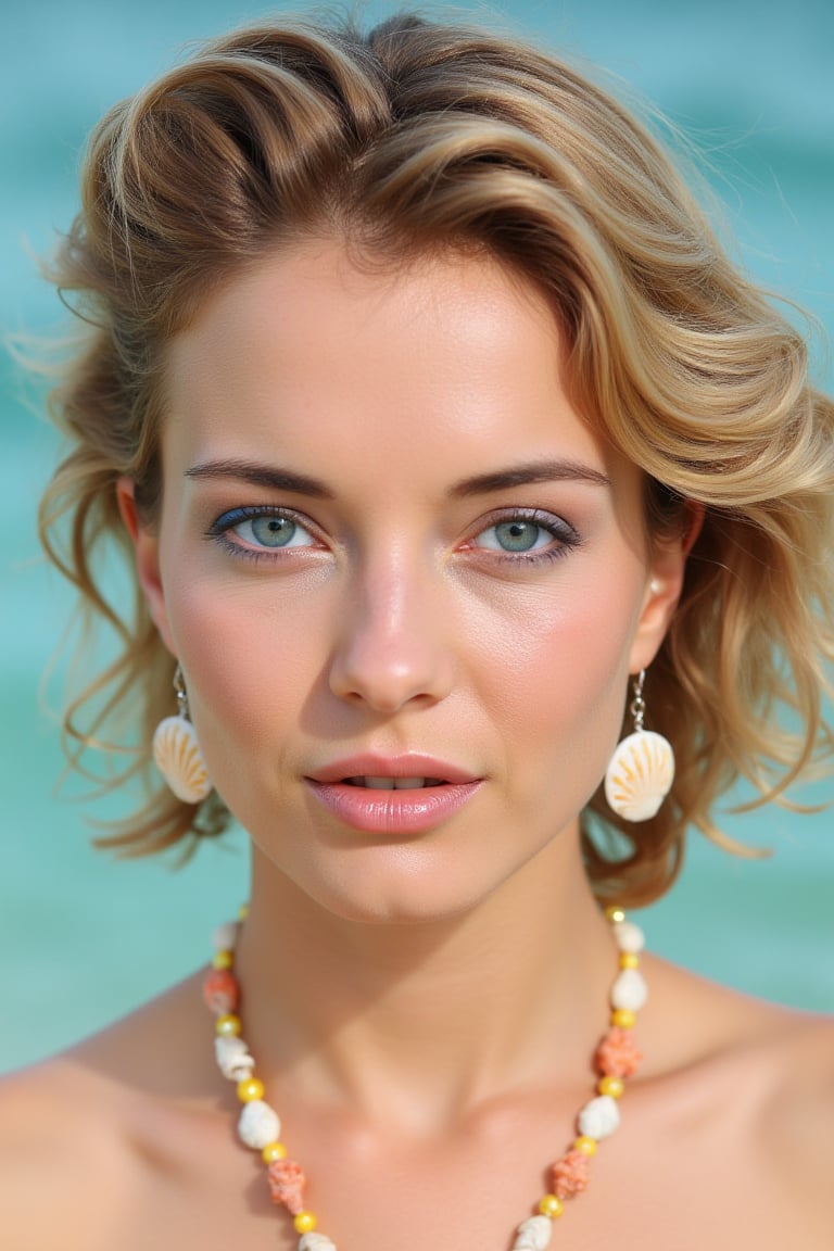 An extreme close-up shot of woN4t4ndr3 as a model with deep blue eyes and a short, textured bob that flows like ocean waves. She wears sea-inspired jewelry — delicate shell earrings and a coral pendant necklace. The model's makeup is fresh and natural with a focus on a sun-kissed glow, a hint of blue eyeliner, and a sheer, glossy lip — refreshing, breezy, and coastal.