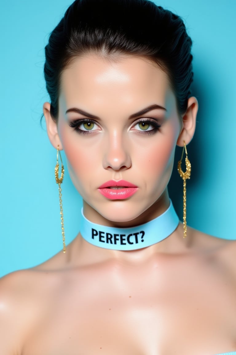  A stunning portrait of woM3lCl4rk3 with slicked back hair, wet hair, she has perfect beautiful skin she is looking directly at the camera with parted lips, her lips has gloss lipstick giving a wet feel. She is wearing chic golden earrings and a light blue choker with black lettering that can read "PERFECT?". The background is light blue that matches with the choker making an amazing composition. The image is very high detailed with 16k of resolution.