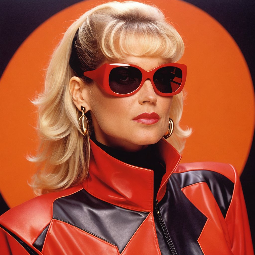 Boudoir, Confident woman in futuristic red outfit with black accents, high collar, and large wrap-around sunglasses. 1980s voluminous hair. Orange backdrop with black symbols, sci-fi, dystopian feel, likely leader or antagonist. Close-up, movie still, hard shadows, grainy, analog film, nighttime, faded film, desaturated, 35mm photo.,Xuxa