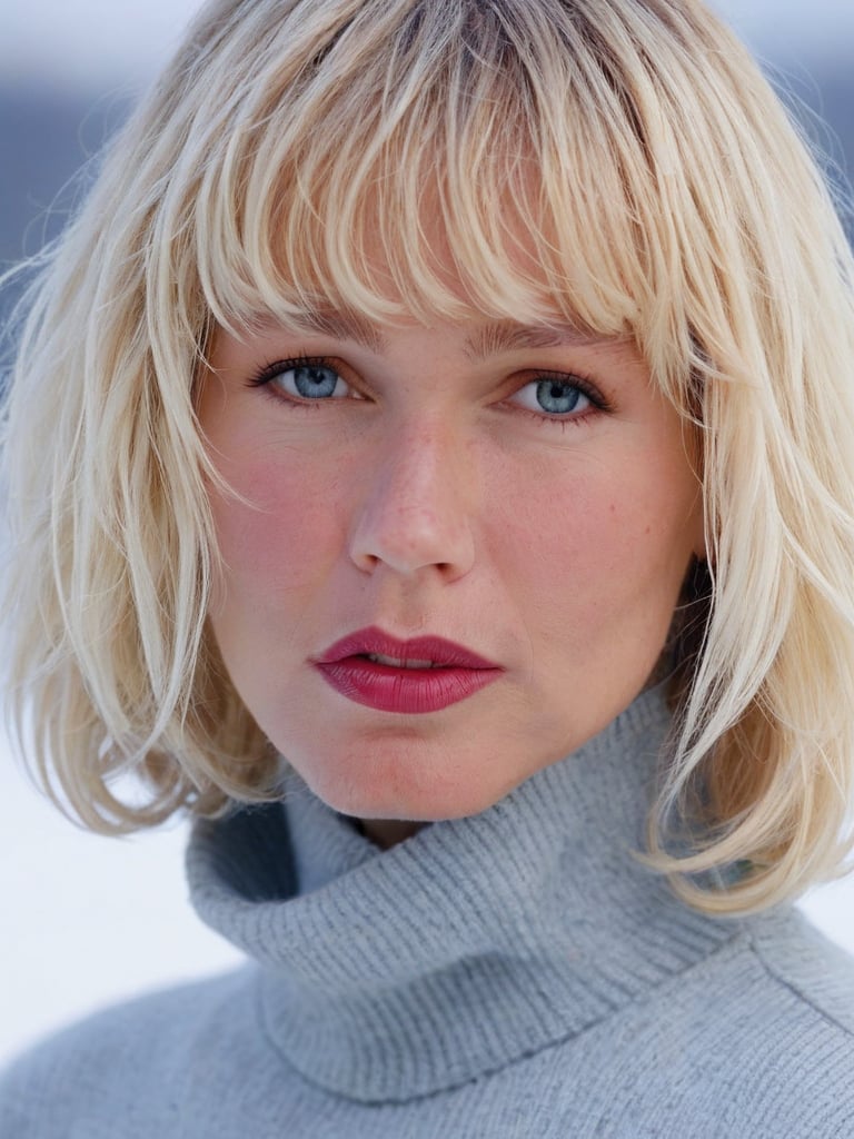 a closeup of argentine girl with bob cut hair with bangs , with icy Gray color , blue turtleneck , and the woman's face partially obscured in the style of her voluminous hair. The focus is on the rich color of her hairstyle, set against an out of focus background that suggests natural surroundings. Her lips have subtle love red lipstick, adding to the romantic atmosphere. Shot in soft lighting, the photograph captures every detail of texture and shine within her beautiful locks,Xuxa