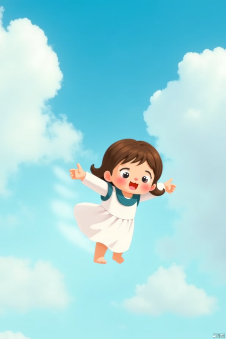 yt  ,a girl in a white dress is flying through the sky  Cartoon characters