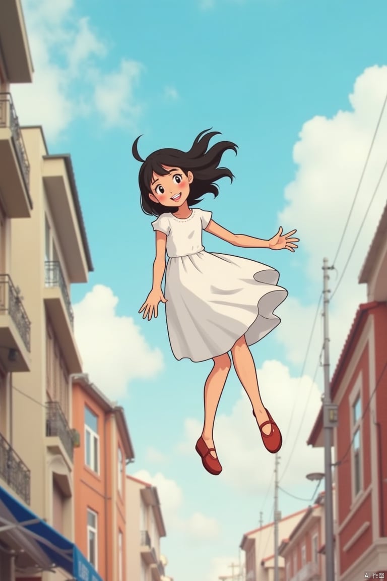 yt, a girl in a white dress is flying through the sky Cartoon characters, on a real street